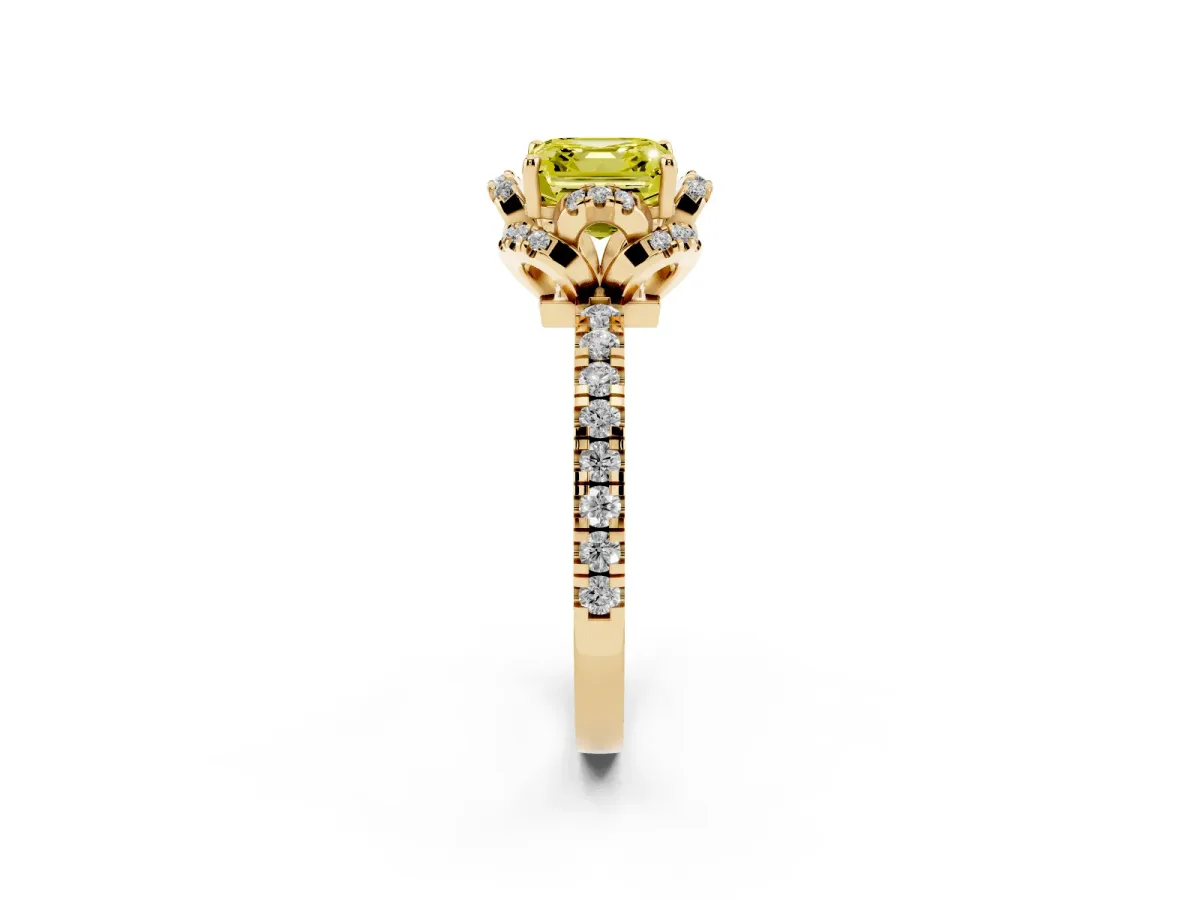 Fancy Yellow Asscher Cut Halo Diamond Pave Band Ring with Four-Prong Setting Yellow gold