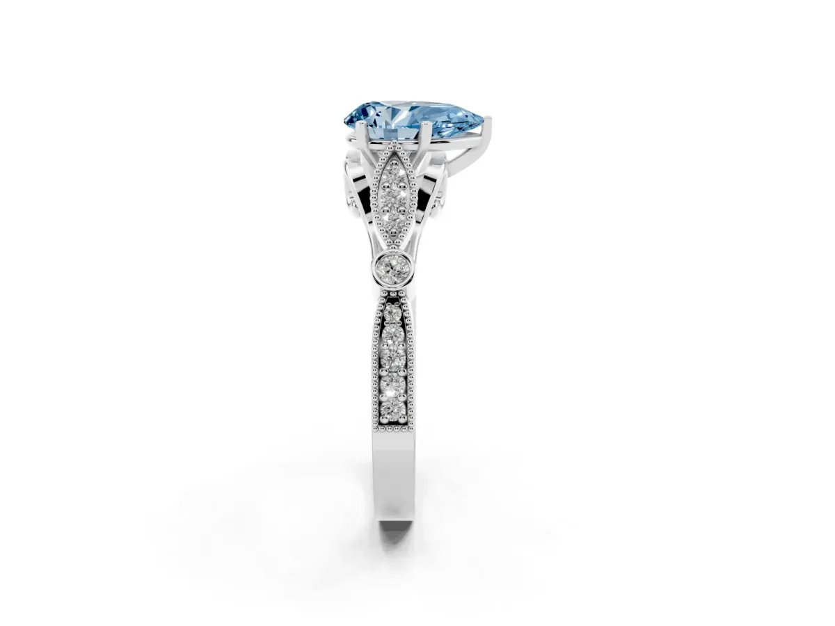 Fancy Blue Pear Cut Cut Diamond with Milgrain Marquise and Bezel Accents on a Solitaire Band with Prong Setting Platinum