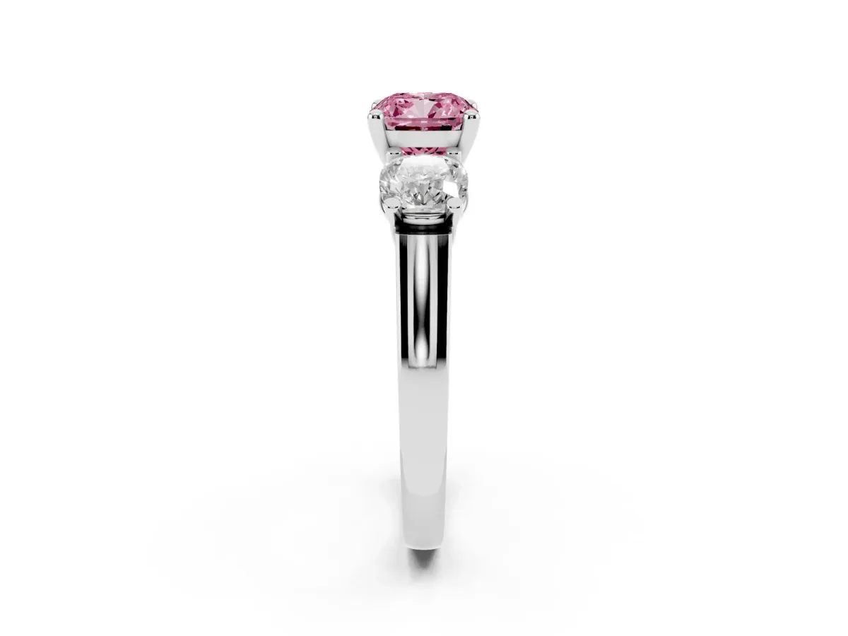 Fancy Pink Three-Stone Cushion Cut Brilliant Diamond Trellis Ring with Comfort Fit Band Platinum