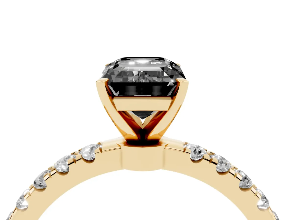Fancy Black Emerald Cut Diamond Solitaire Ring with Pavé Accents and Four-Prong Setting Yellow gold