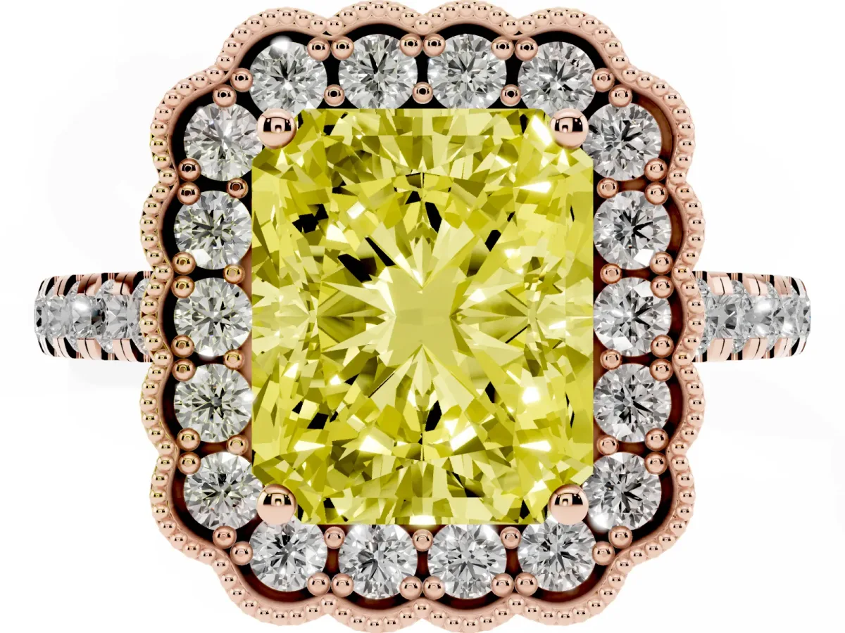 Fancy Yellow Radiant Cut Cut Diamond Milgrain Floral Halo Engagement Ring with Pavé Band Rose gold