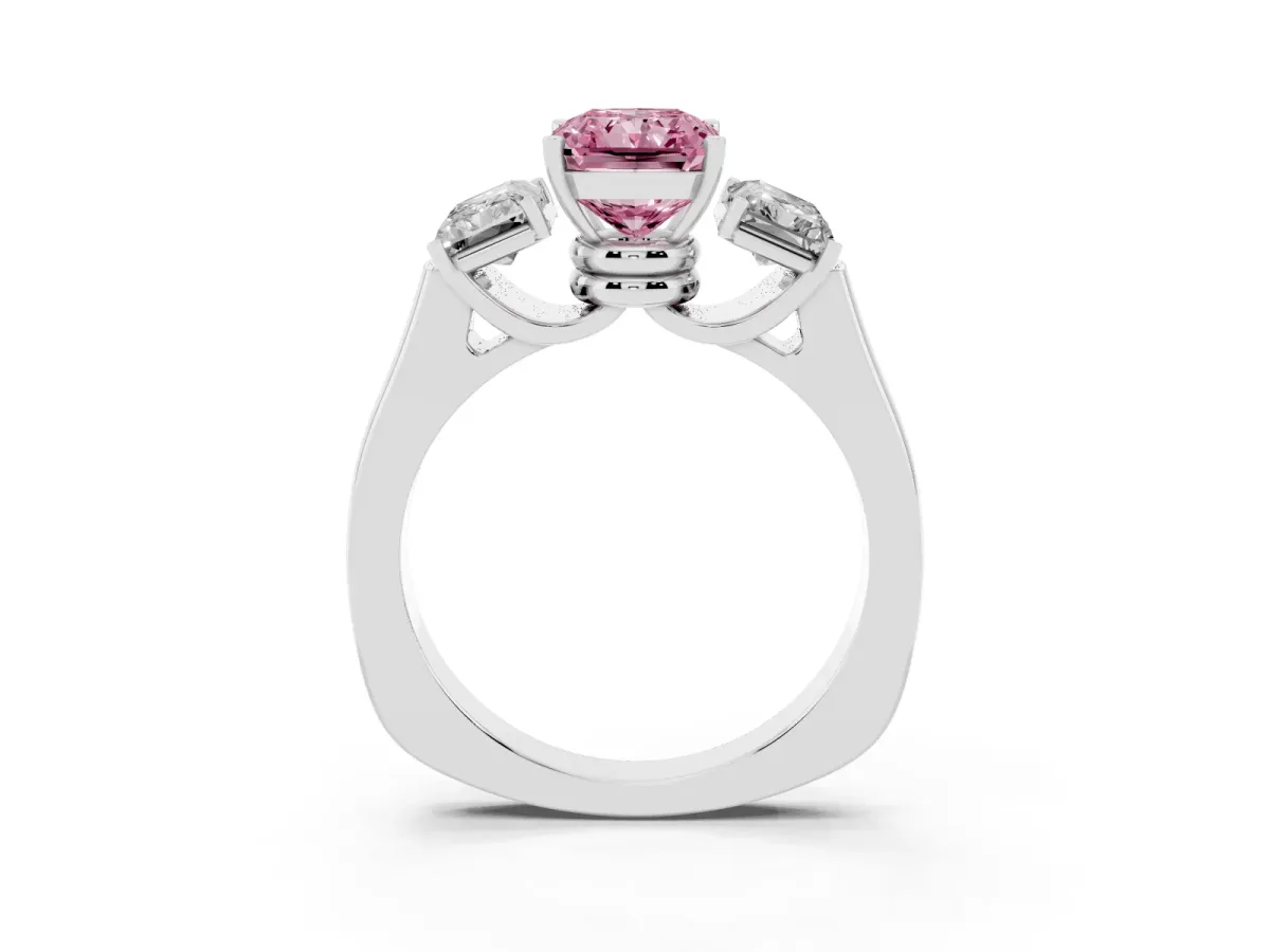 Fancy Pink Three-Stone Radiant Cut Brilliant Diamond Trellis Ring with Comfort Fit Band Silver