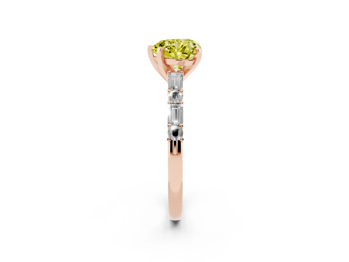 Fancy Yellow Heart Cut Diamond Solitaire with Side Baguettes and Channel Set Band Rose gold