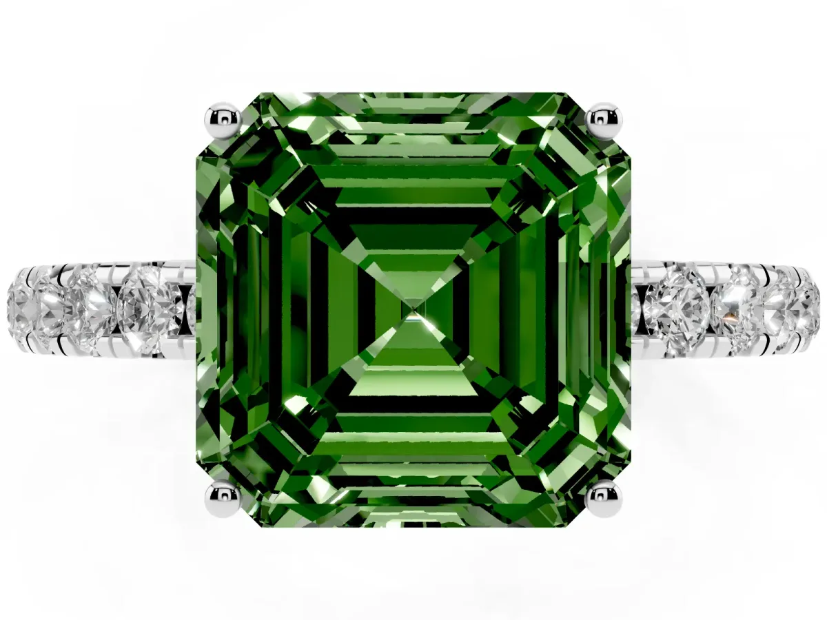 Fancy Green Asscher Cut Diamond Pavé Solitaire Engagement Ring with Four-Prong Setting Silver