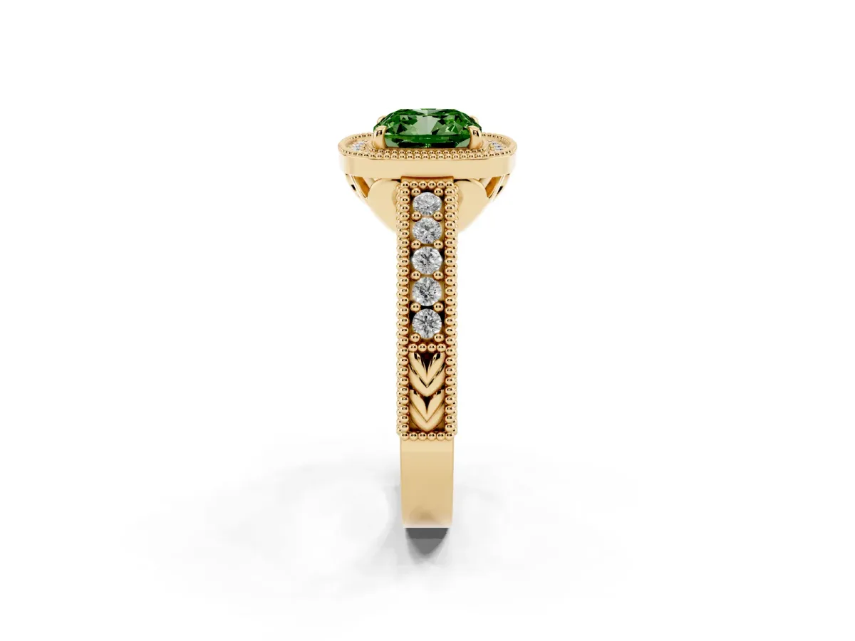 Fancy Green Cushion Cut Cut Halo Diamond Ring with Pavé Band and Four-Prong Setting Yellow gold