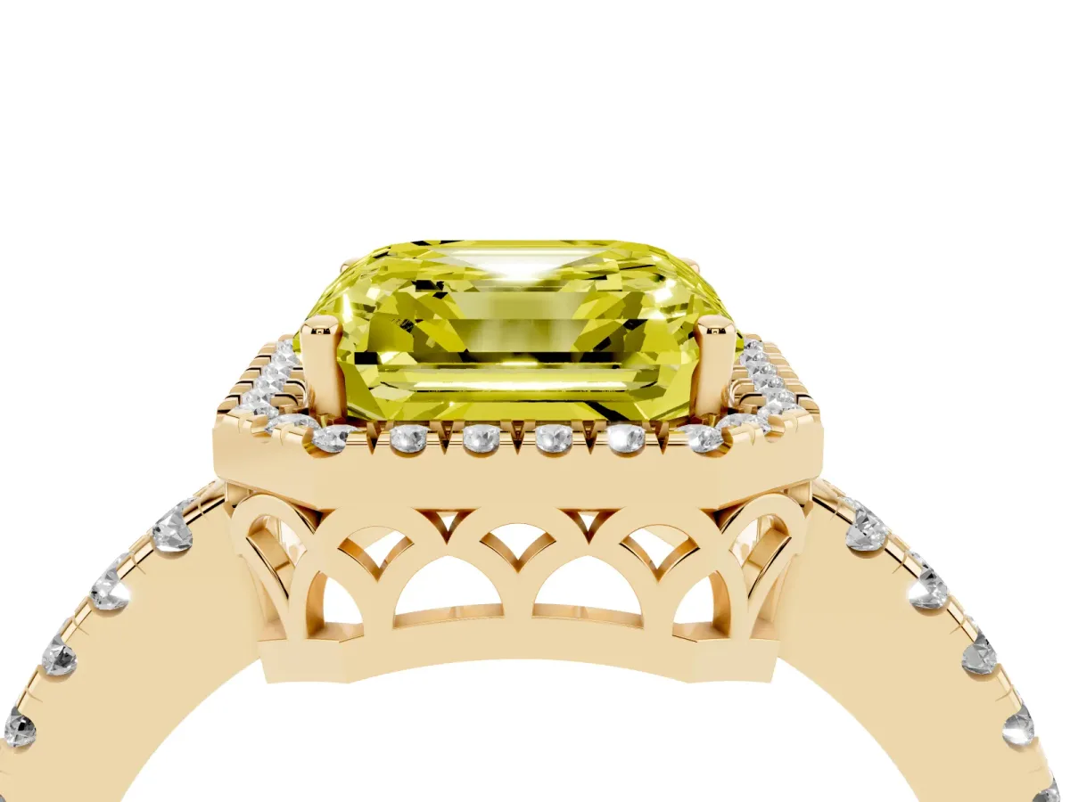 Fancy Yellow Asscher Cut Halo Diamond Engagement Ring with Pavé Band and Four-Prong Setting Yellow gold