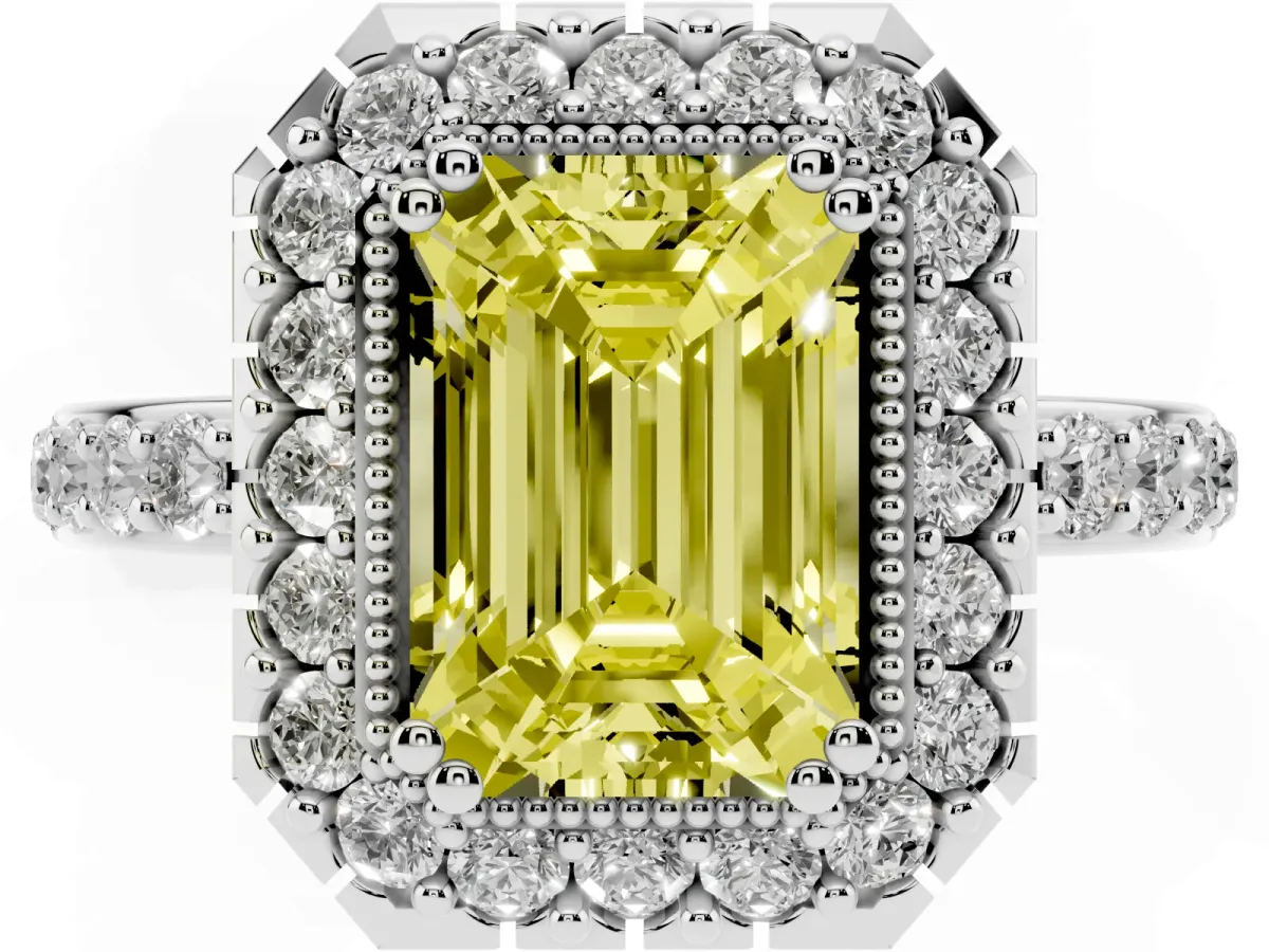 Fancy Yellow Emerald Cut Diamond Halo Ring with Pavé Band and Prong Setting Platinum