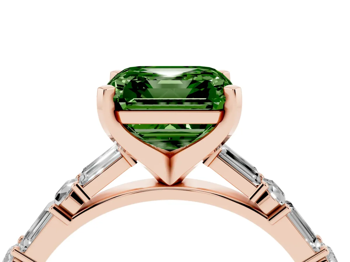 Fancy Green Asscher Cut Diamond Solitaire with Side Baguettes and Channel Set Band Rose gold
