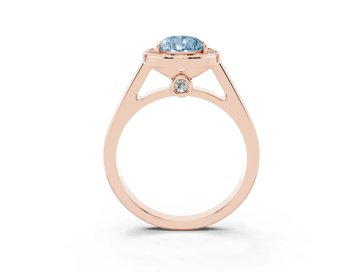Fancy Blue Pear Cut Halo Solitaire Diamond Ring with Pave Band and Bezel Setting Rose gold