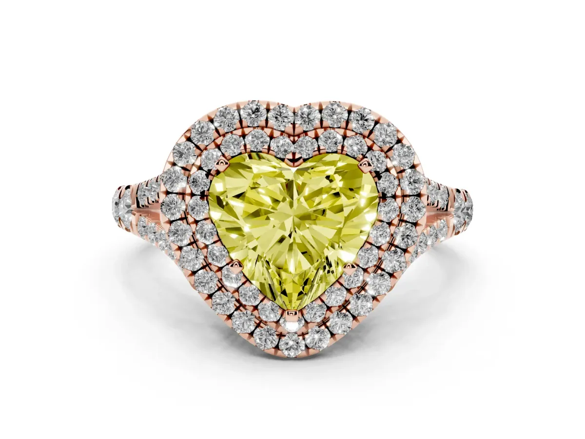 Fancy Yellow Double Halo Heart Cut Diamond Split Shank Engagement Ring with Four-Prong Setting Rose gold