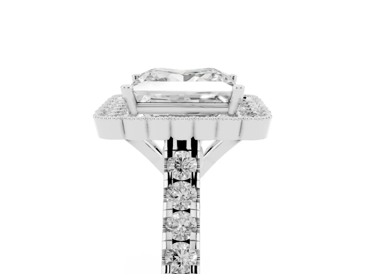 Princess Cut Cut Diamond Milgrain Floral Halo Engagement Ring with Pavé Band Silver