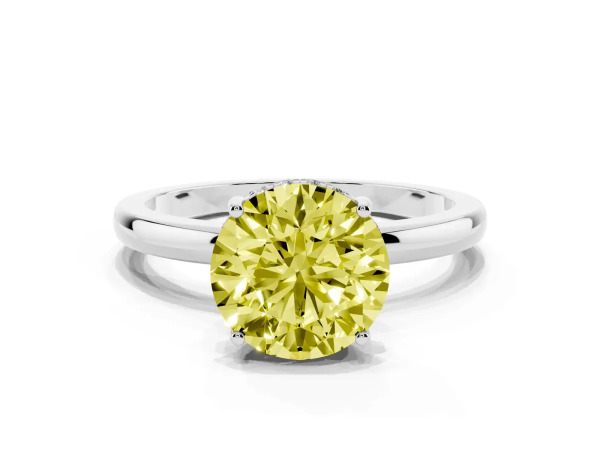 Fancy Yellow Round Cut Solitaire Diamond Ring with Prong Setting and Plain Band Silver