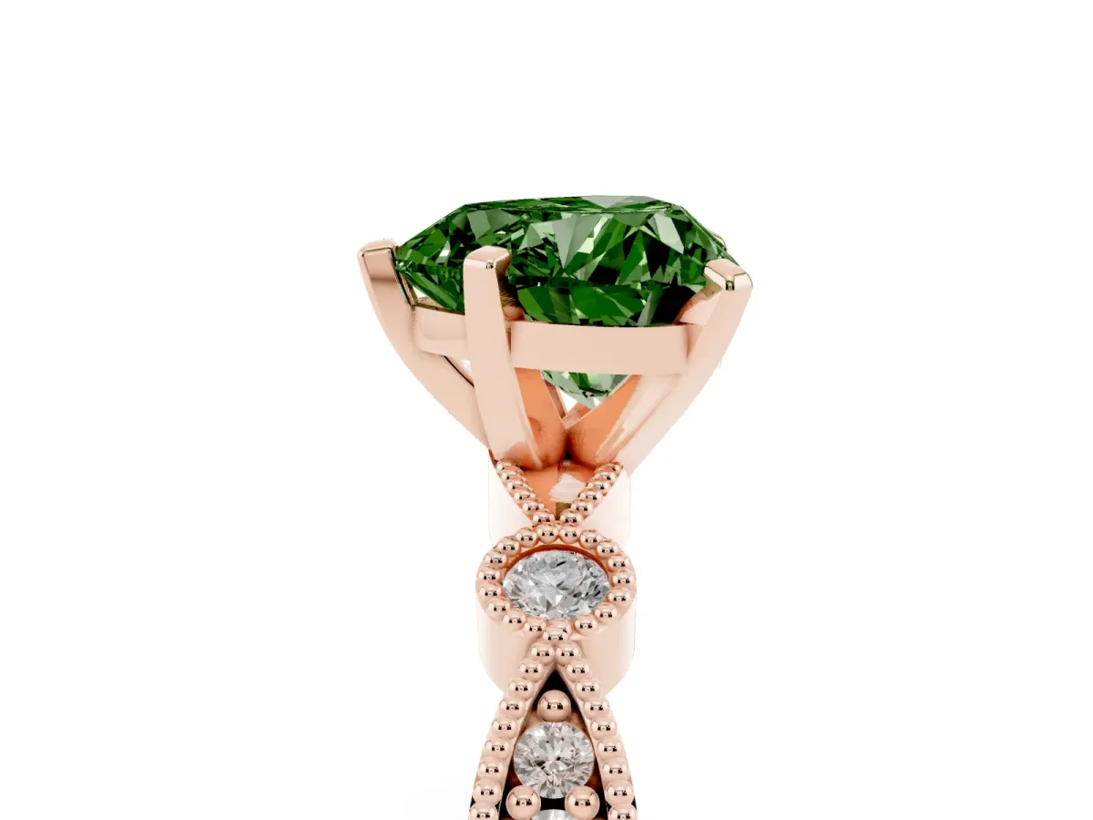 Fancy Green Heart Cut Milgrain Bezel Diamond Engagement Ring with Solitaire Prong Setting Rose gold