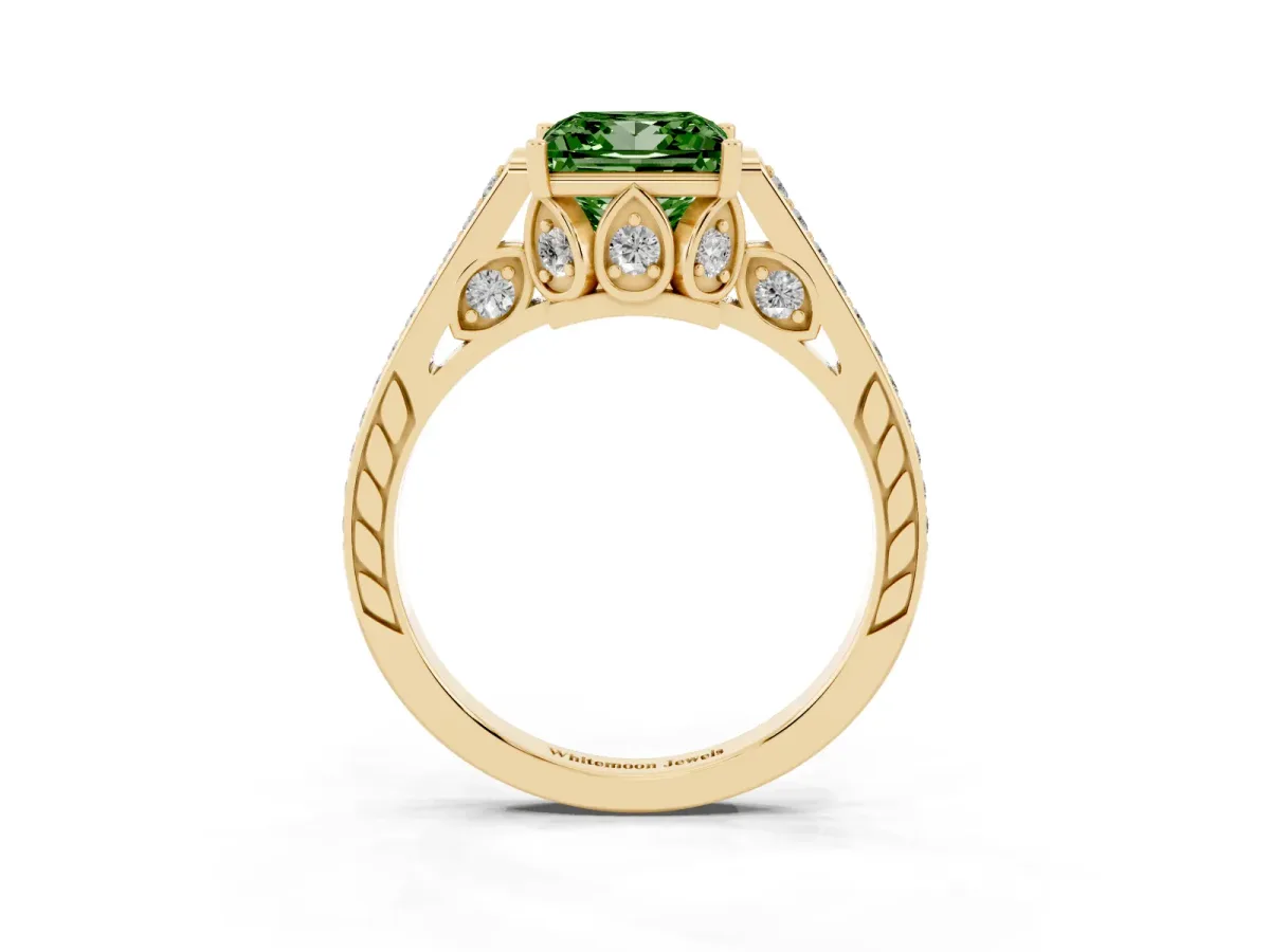 Fancy Green Princess Cut Cut Cathedral Pave Diamond Engagement Ring with Six-Prong Setting Yellow gold