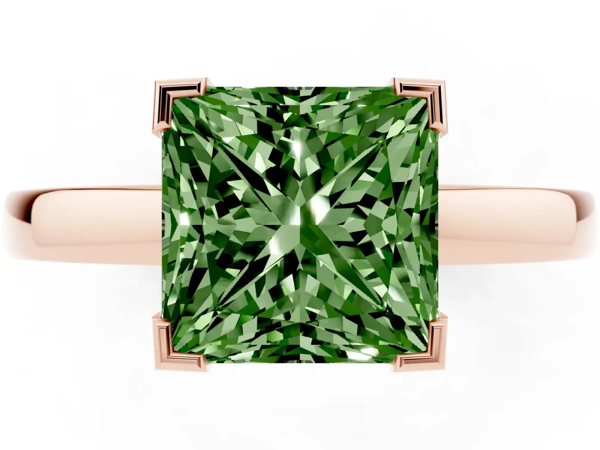 Fancy Green Princess Cut Cut Solitaire Ring with Four-Prong Setting and Classic Band Rose gold
