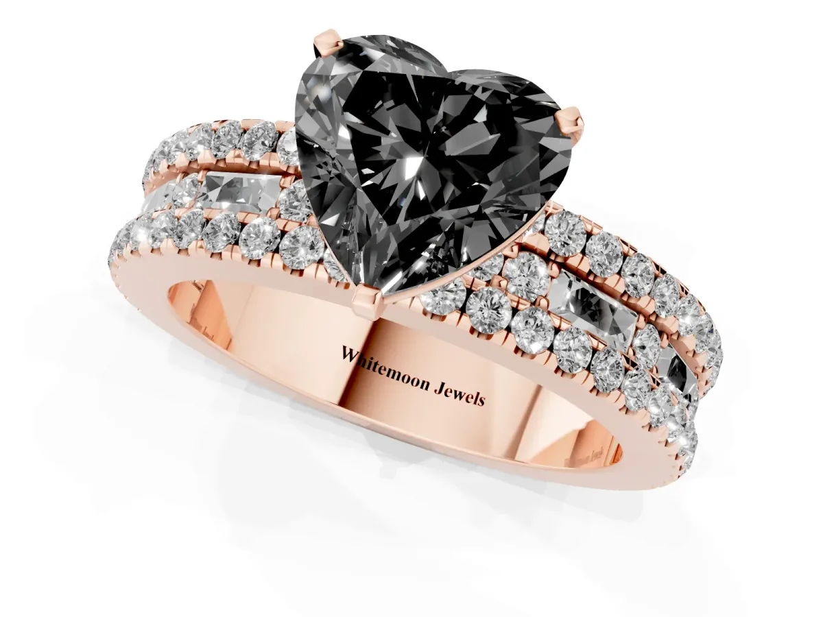 Fancy Black Heart Cut Diamond Solitaire Ring with Pavé and Channel Set Band Rose gold