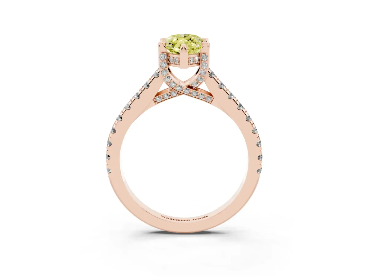 Fancy Yellow Marquise Cut Brilliant Diamond Solitaire with Pavé Band and Four-Prong Setting Rose gold