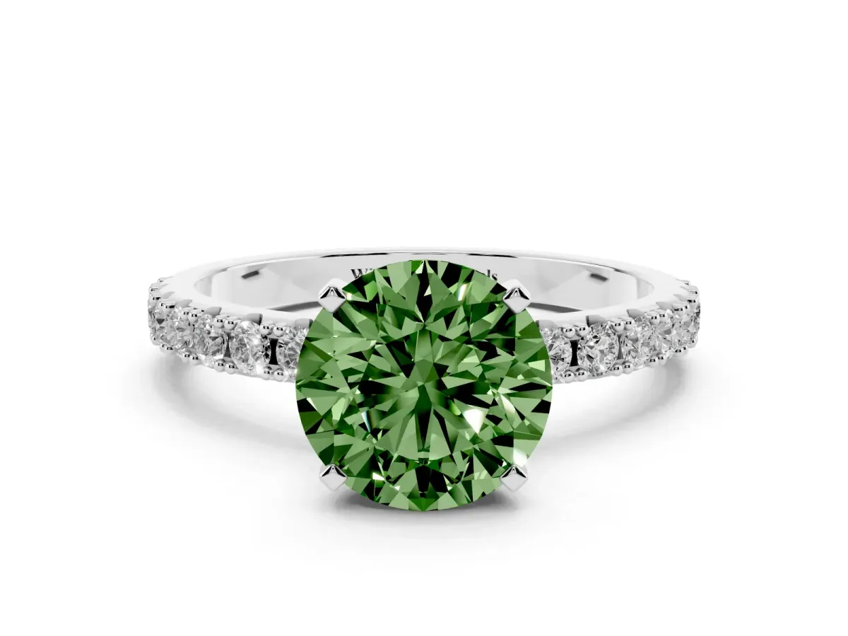 Fancy Green Round Cut Diamond Solitaire Pavé Band with Four-Prong Setting Silver