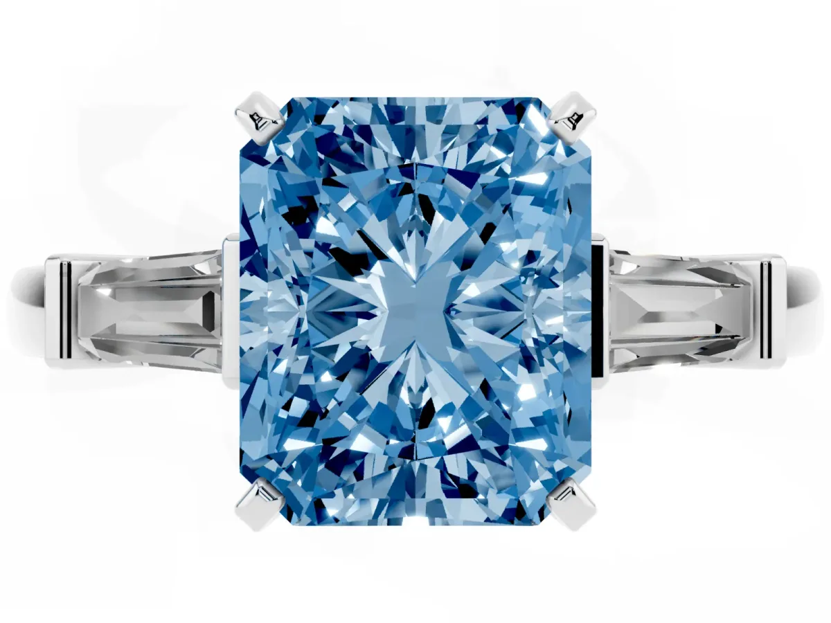 Fancy Blue Radiant Cut Cut Diamond Solitaire Ring with Tapered Baguette Accents and Four-Prong Setting Silver
