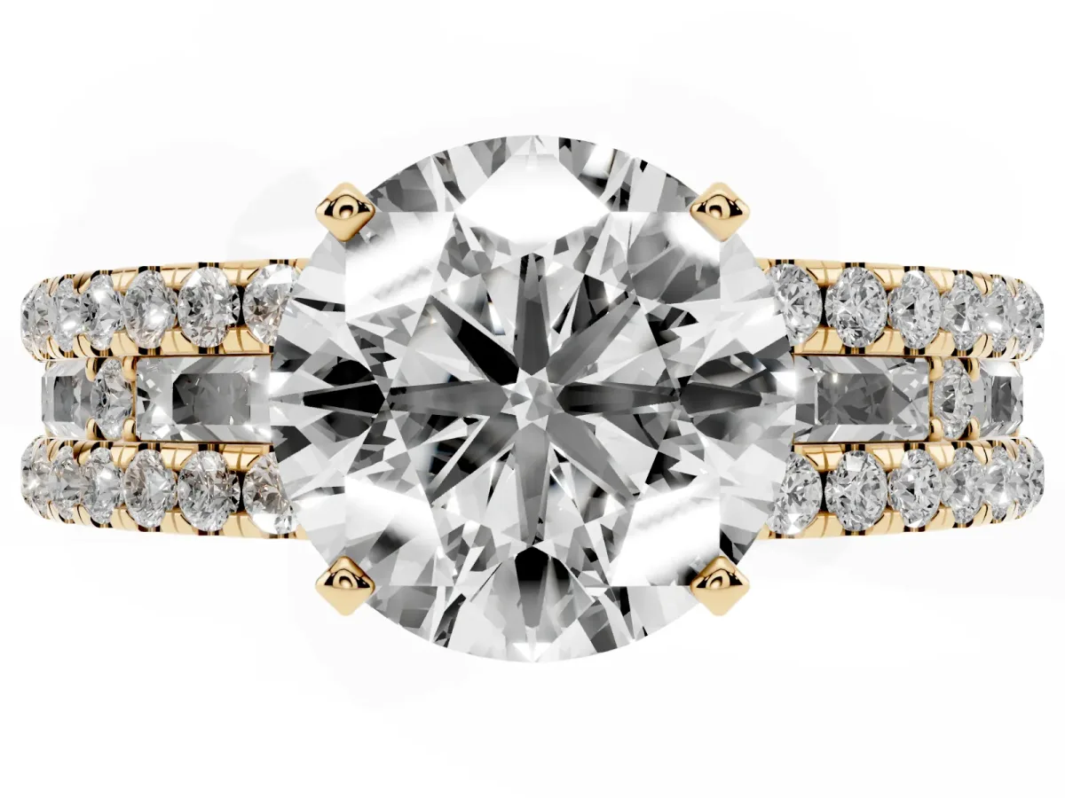 Round Cut Diamond Solitaire Ring with Pavé and Channel Set Band Yellow gold