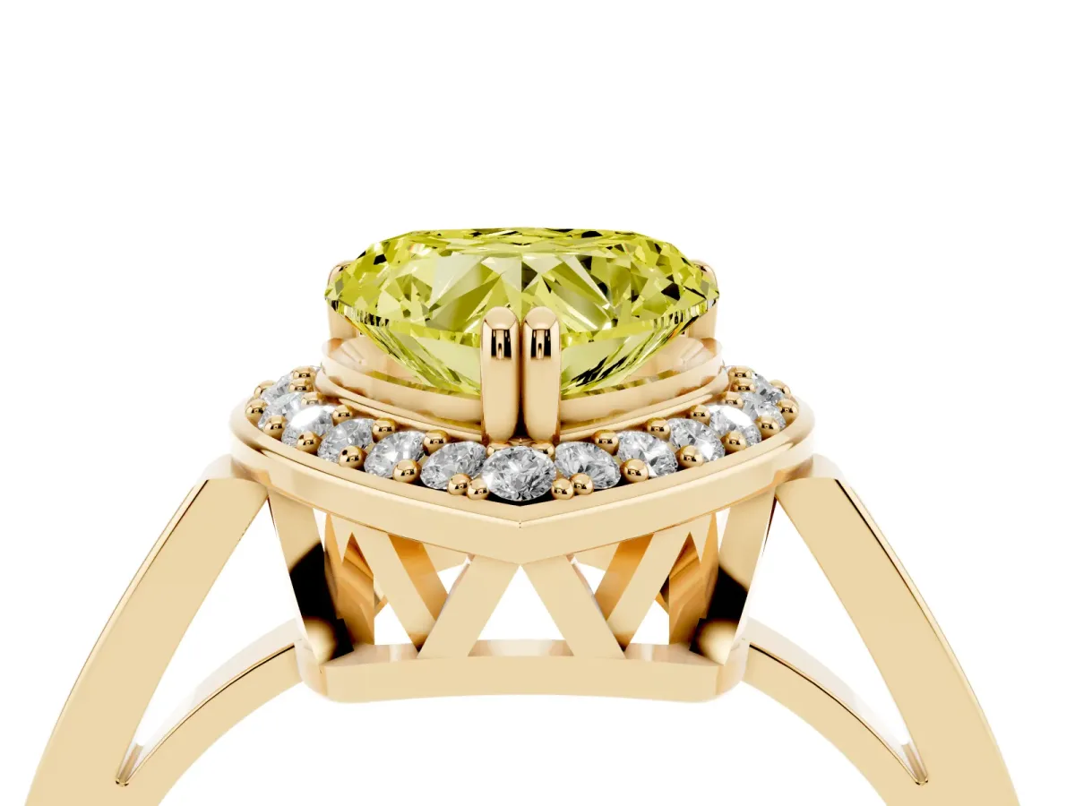 Fancy Yellow Heart Cut Diamond Halo Ring with Split Shank and Four-Prong Setting Yellow gold