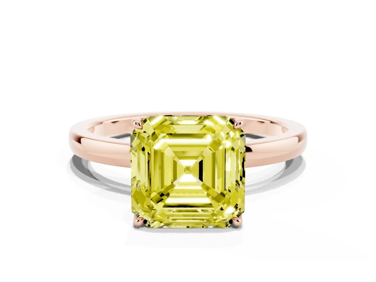 Fancy Yellow Asscher Cut Diamond Solitaire Ring with Thin Band and Prong Setting Rose gold