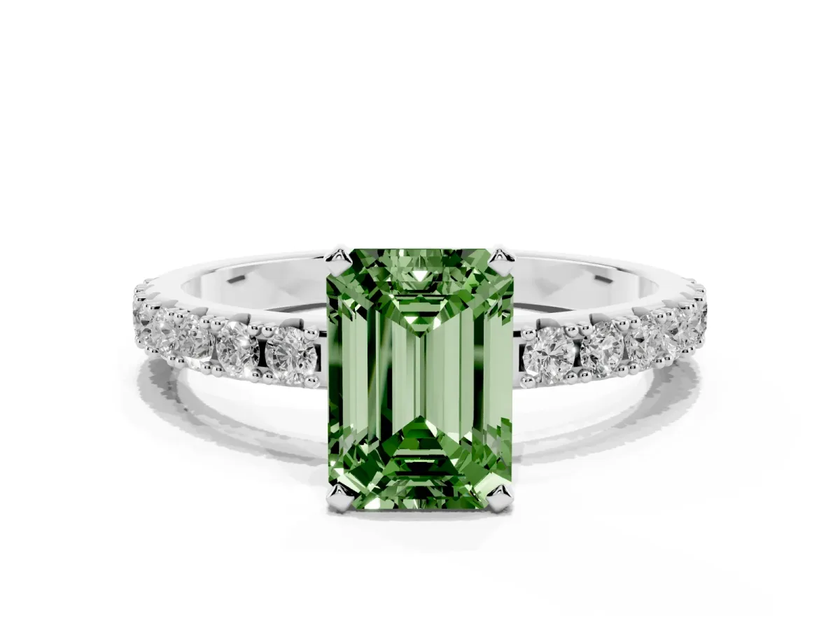 Fancy Green Emerald Cut Diamond Solitaire Pavé Band with Four-Prong Setting Platinum