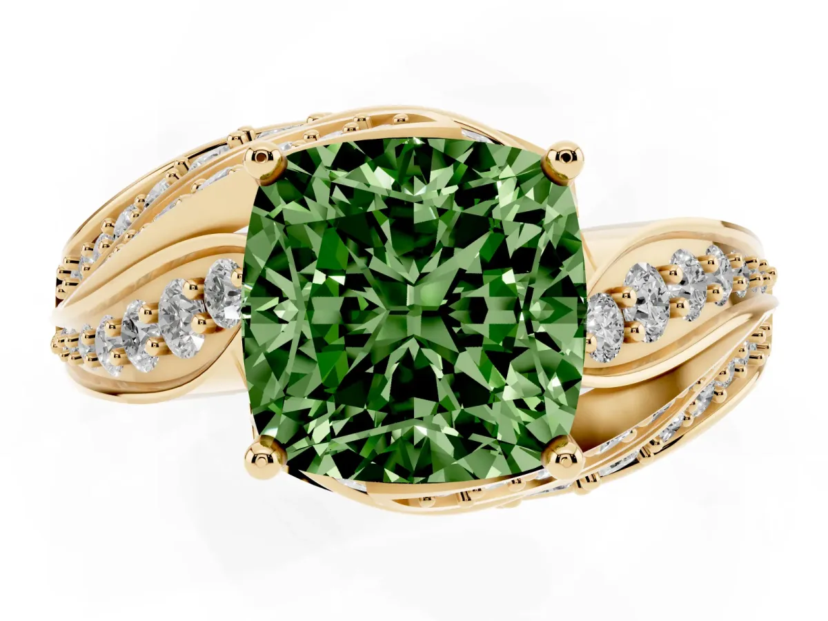 Fancy Green Cushion Cut Diamond Solitaire Ring with Prong Setting and Twisted Pavé Band Yellow gold