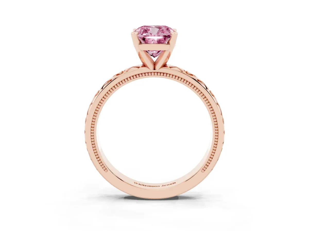 Fancy Pink Cushion Cut Solitaire Diamond Engagement Ring with XO Engraved Band and Four-Prong Setting Rose gold