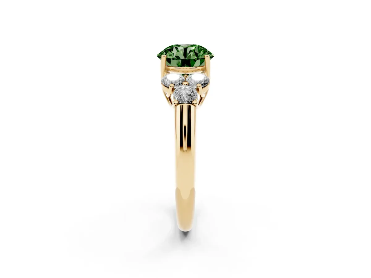 Fancy Green Round Cut Cut Diamond Cluster Ring with Round Accent Stones and Prong Setting on a Classic Band Yellow gold