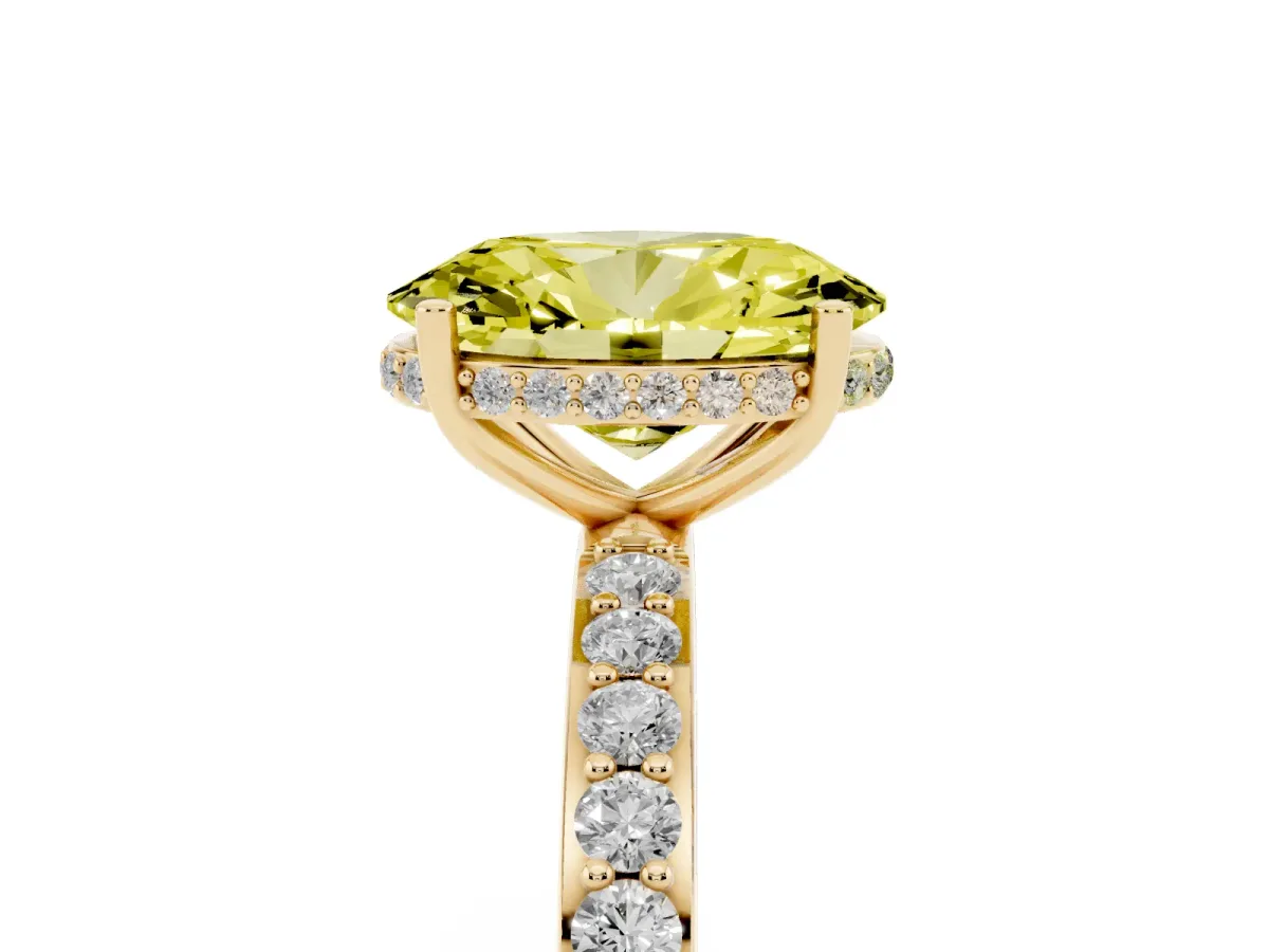Fancy Yellow Oval Cut Diamond Solitaire Ring with Pavé Band and Hidden Halo Yellow gold