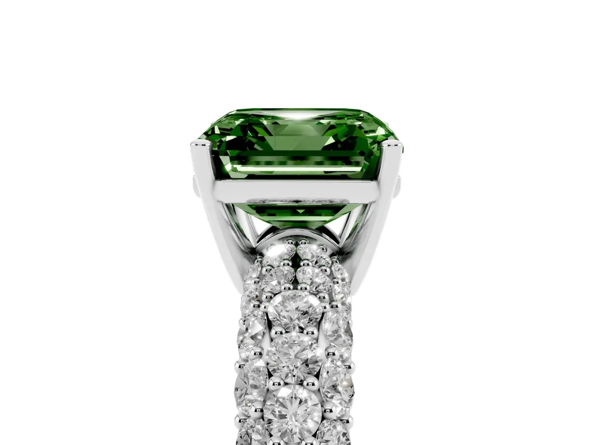 Fancy Green Asscher Cut Diamond Pavé Band Solitaire Ring with Four-Prong Setting Silver