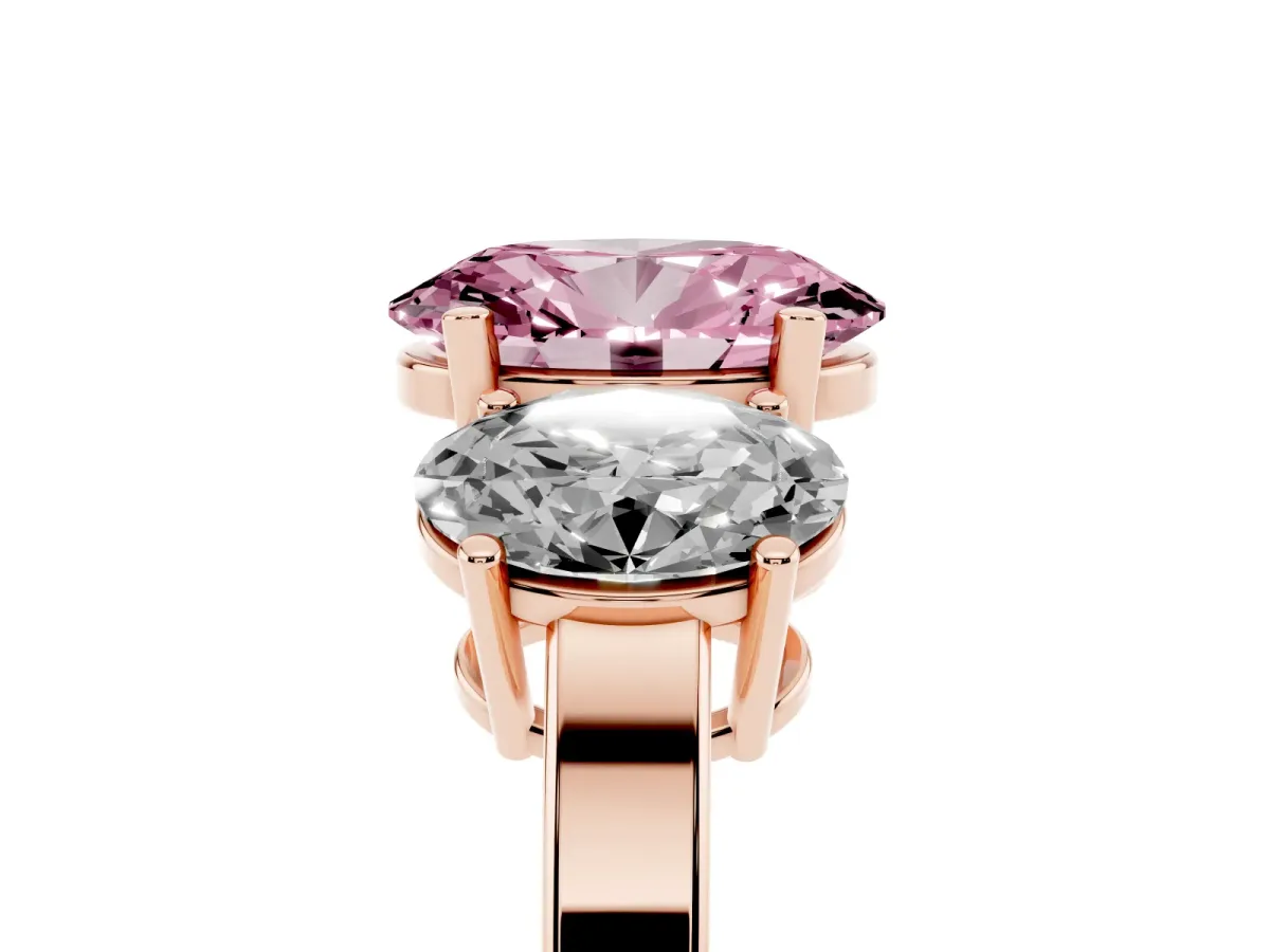 Fancy Pink Three-Stone Oval Cut Cut Diamond Engagement Ring with Flat Band and Four-Prong Setting Rose gold