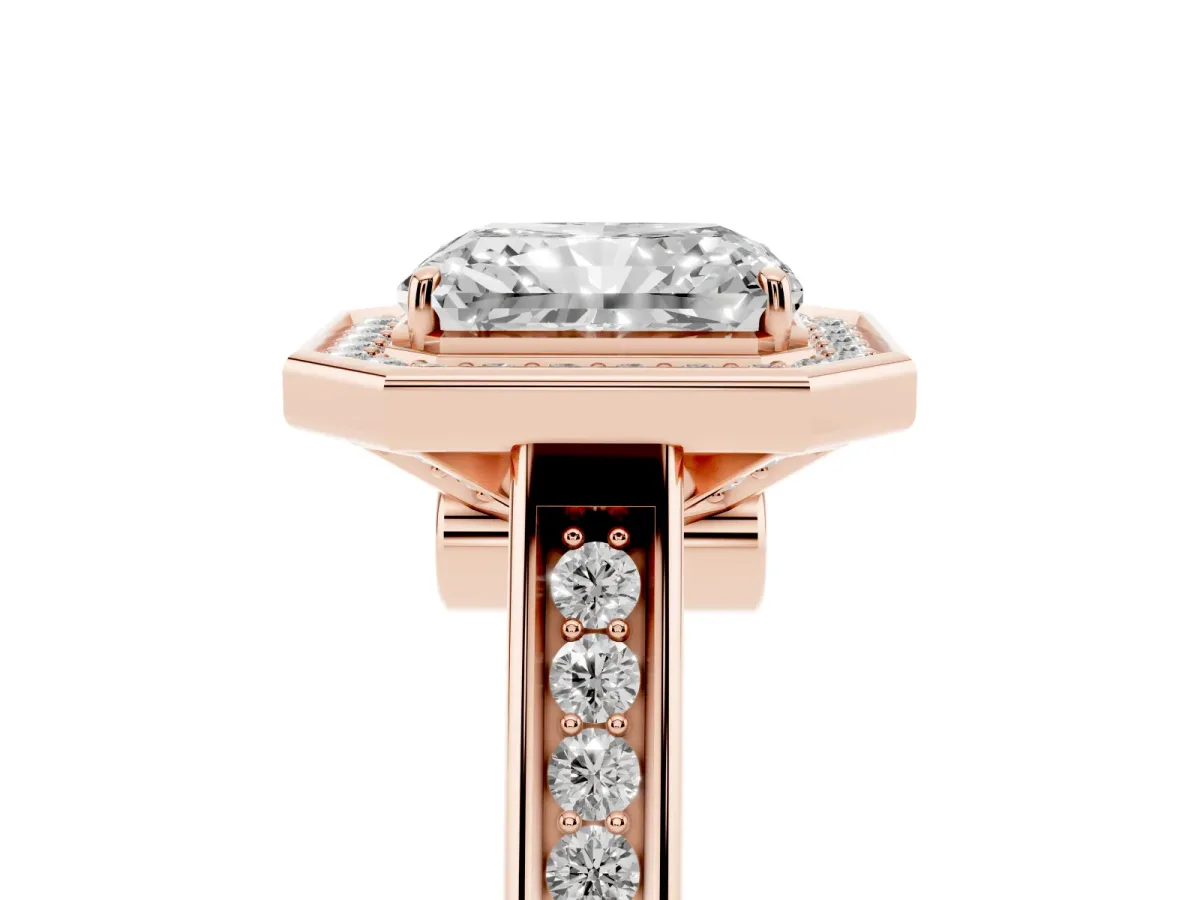 Radiant Cut Halo Solitaire Diamond Ring with Pave Band and Bezel Setting Rose gold