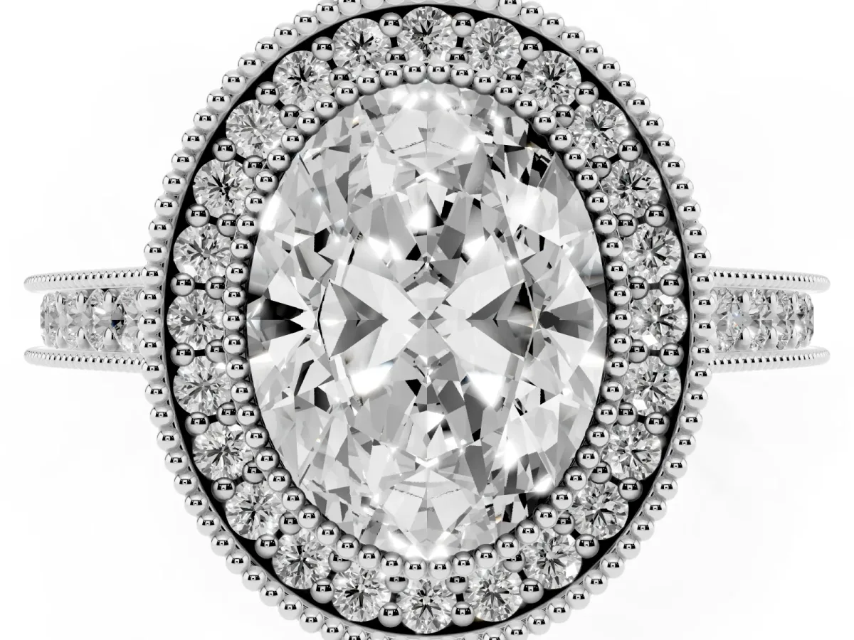 Halo Oval Cut-Cut Diamond Pave Band Milgrain Prong Setting Ring Silver