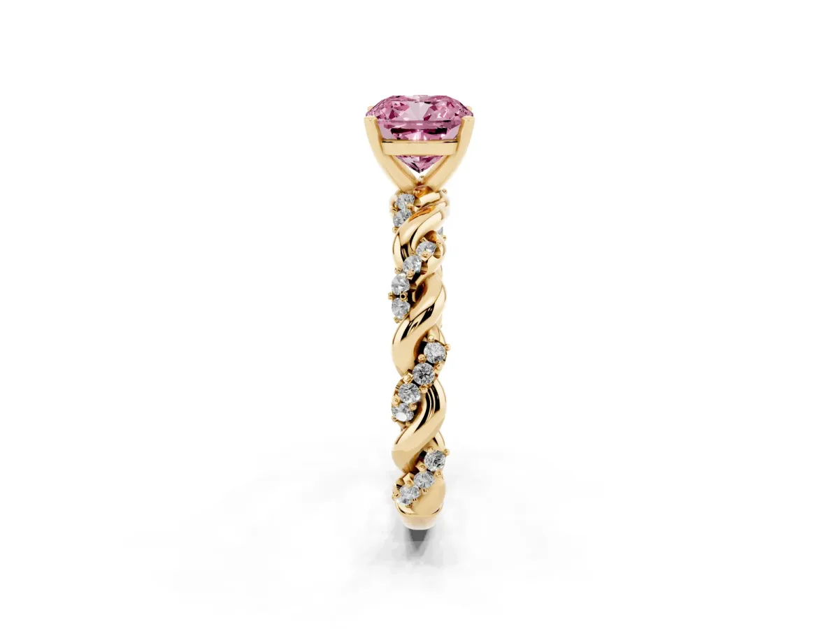 Fancy Pink Cushion Cut Diamond Solitaire Ring with Twisted Band and Pavé Accents Yellow gold