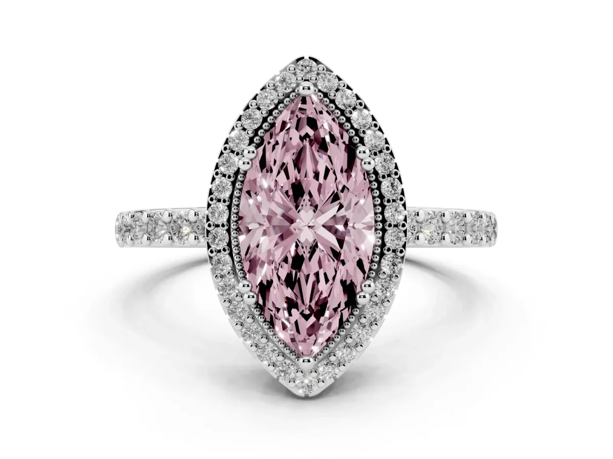Fancy Pink Marquise Cut Cut Diamond Halo Engagement Ring with Milgrain Detail and Pavé Band Platinum