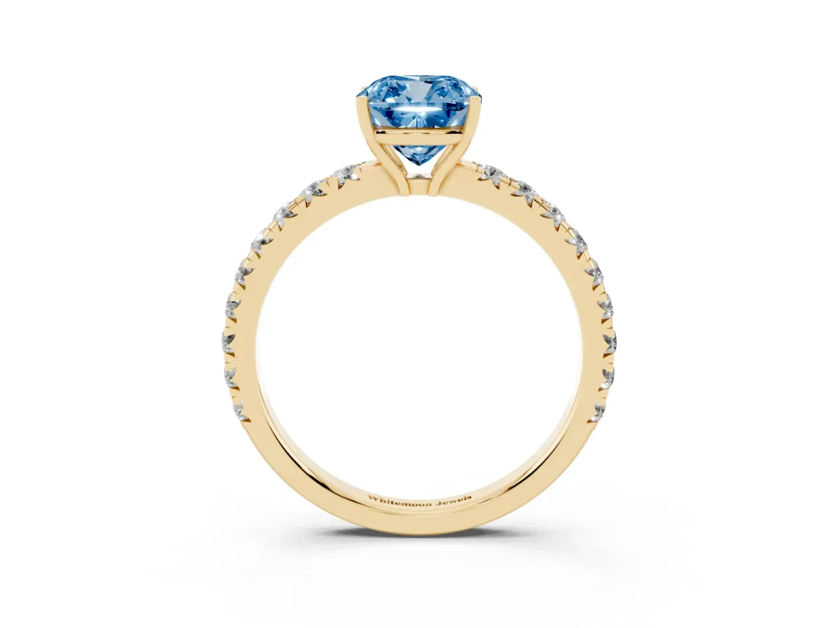 Fancy Blue Cushion Cut Diamond Pavé Solitaire Engagement Ring with Four-Prong Setting Yellow gold