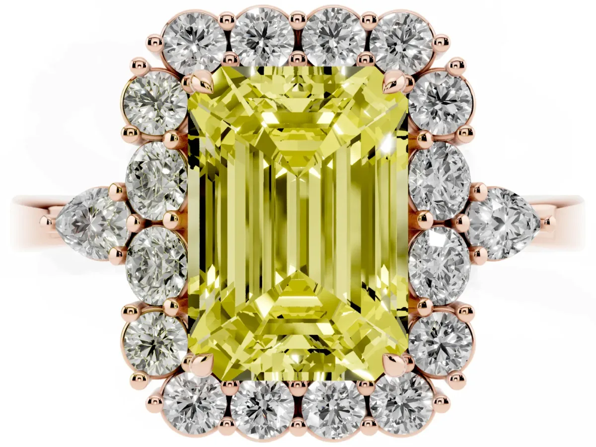 Fancy Yellow Emerald Cut Diamond Halo Ring with Pear Side Stones and Prong Setting Rose gold