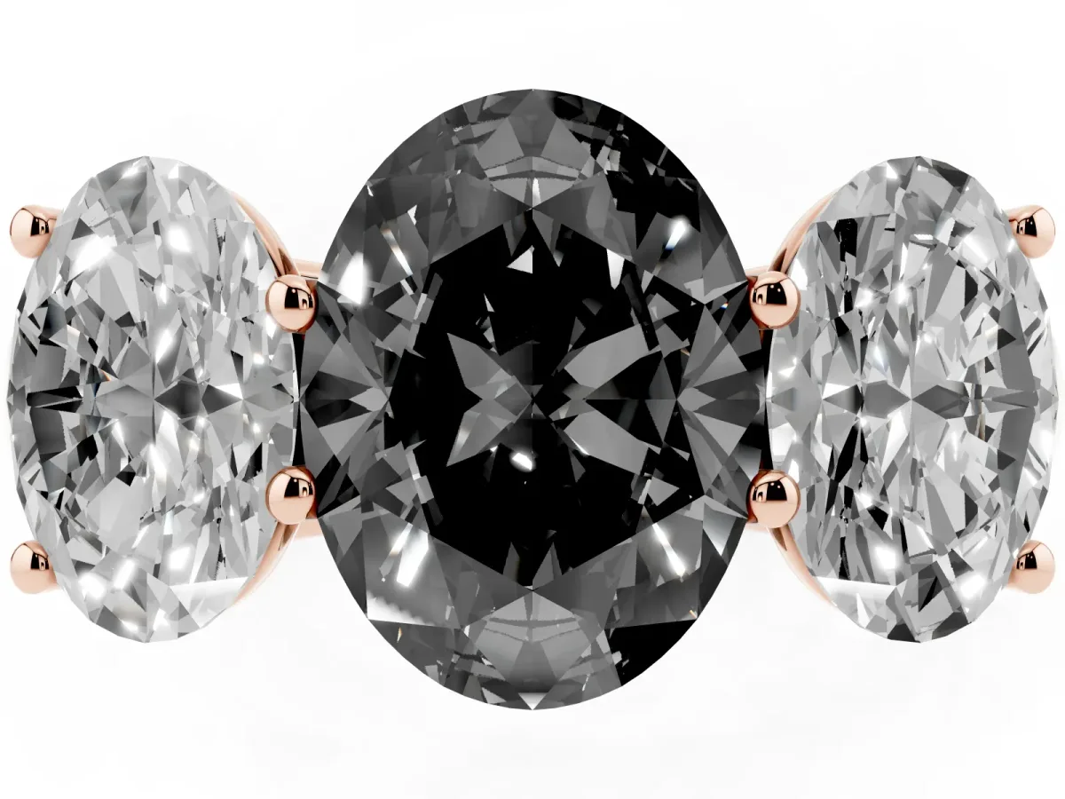 Fancy Black Oval Cut Three-Stone Diamond Ring with Prong Setting on a Classic Band Rose gold