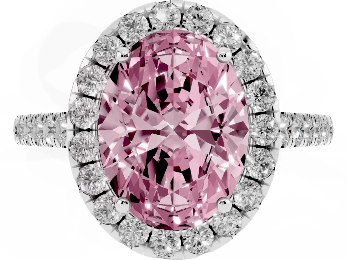 Fancy Pink Oval Cut Halo Pave Diamond Engagement Ring with Four-Prong Setting Silver