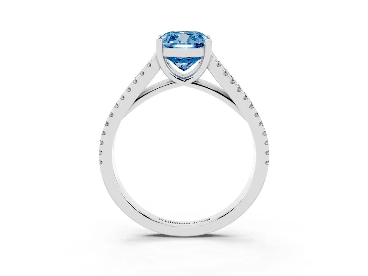 Fancy Blue Cushion Cut Diamond Solitaire Engagement Ring with Split Shank Pavé Band Platinum
