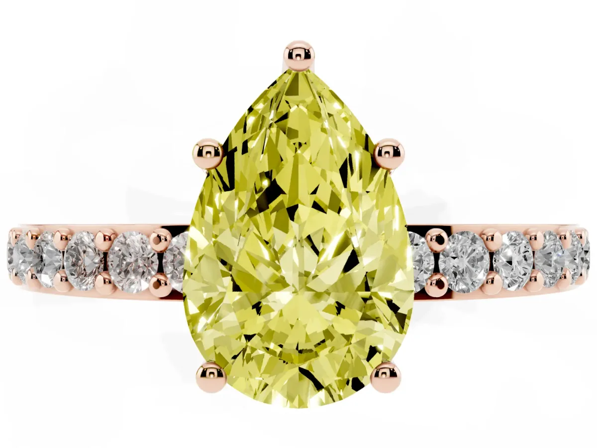 Fancy Yellow Pear Cut Cut Diamond Solitaire with Pave Band and Four-Prong Setting Rose gold