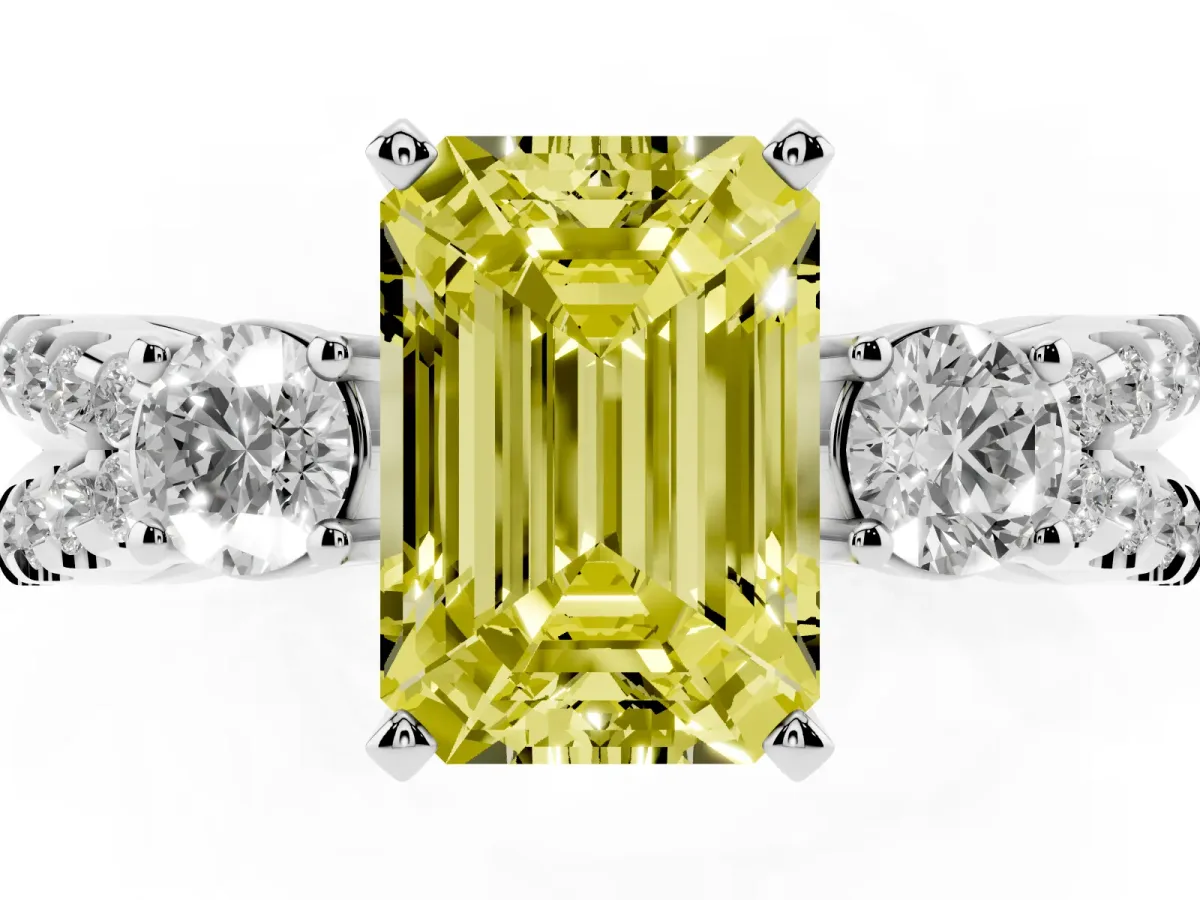 Fancy Yellow Emerald Cut Diamond Three-Stone Ring with Pavé Split Shank and Four-Prong Setting Silver