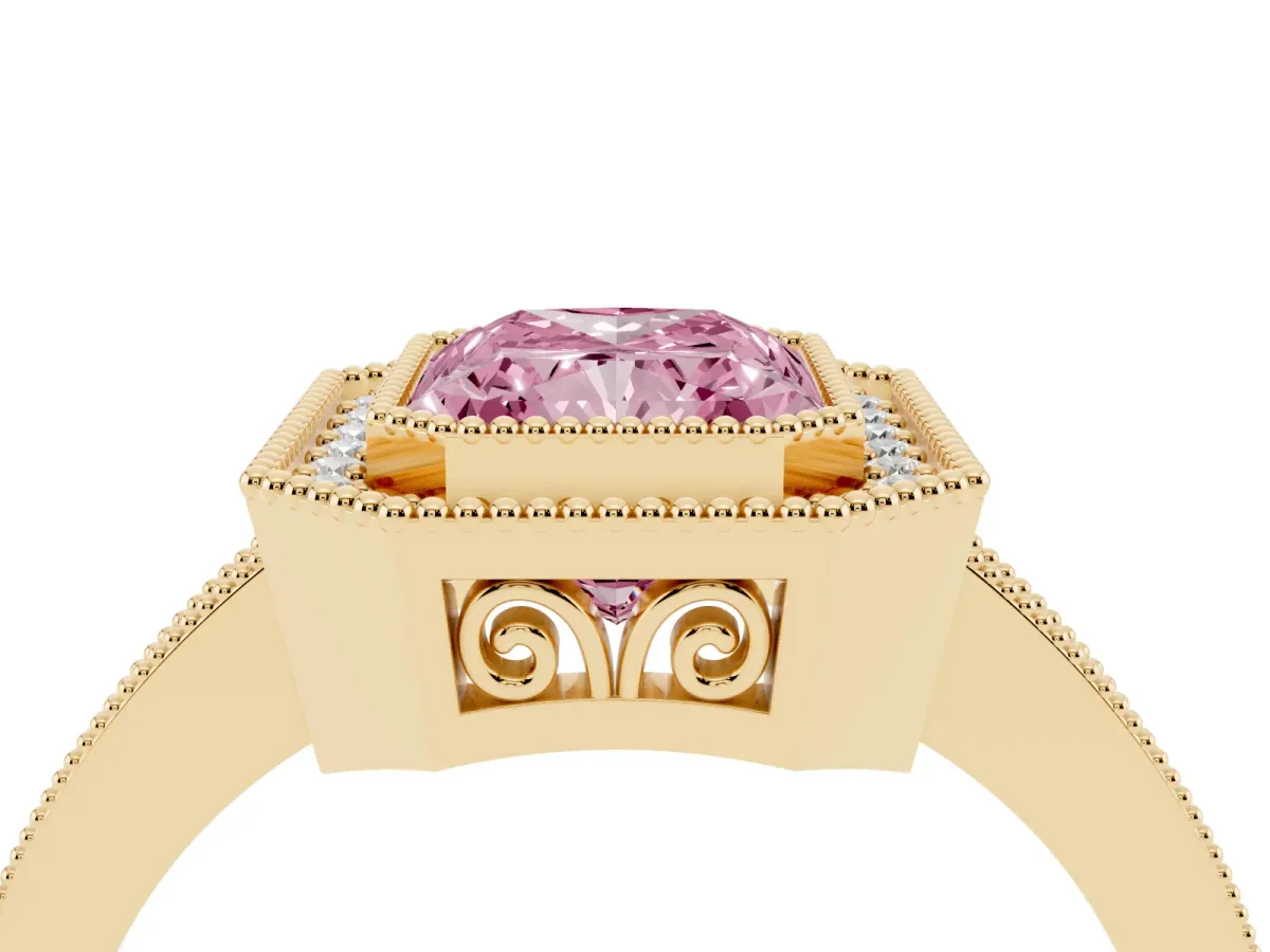 Fancy Pink Radiant Cut Cut Halo Diamond Ring with Pavé Band and Milgrain Prong Setting Yellow gold