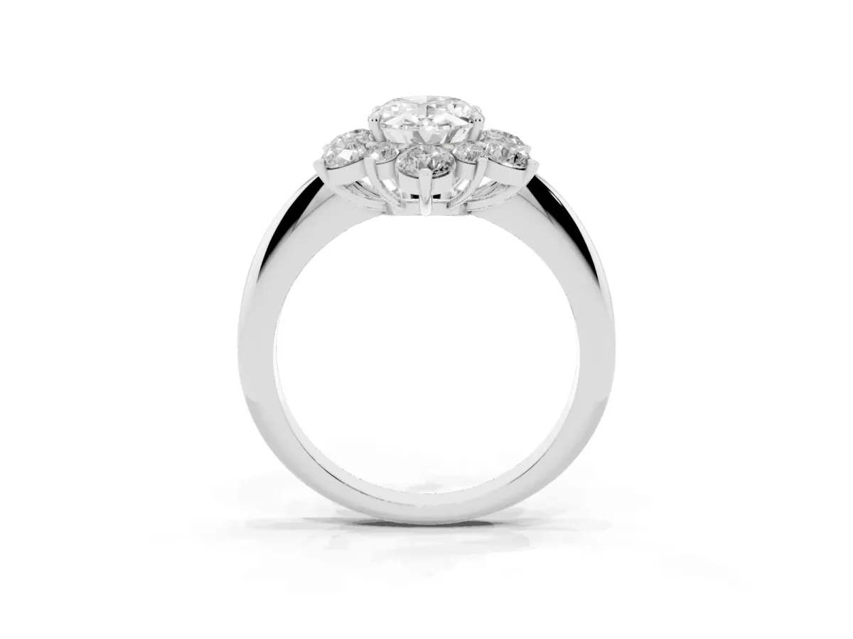 Oval Cut Diamond Cluster Halo Ring with Solitaire Band and Four-Prong Setting Silver