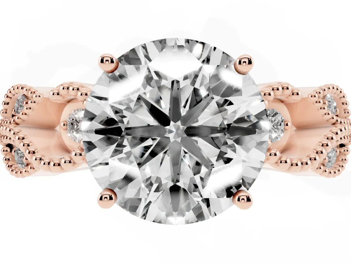 Round Cut Solitaire Milgrain Leaf Band with Prong Setting Rose gold