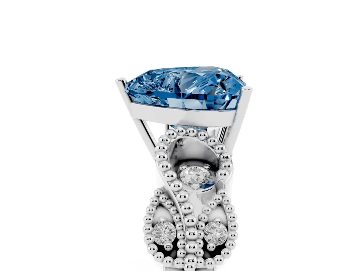 Fancy Blue Heart Cut Solitaire Milgrain Leaf Band with Prong Setting Silver