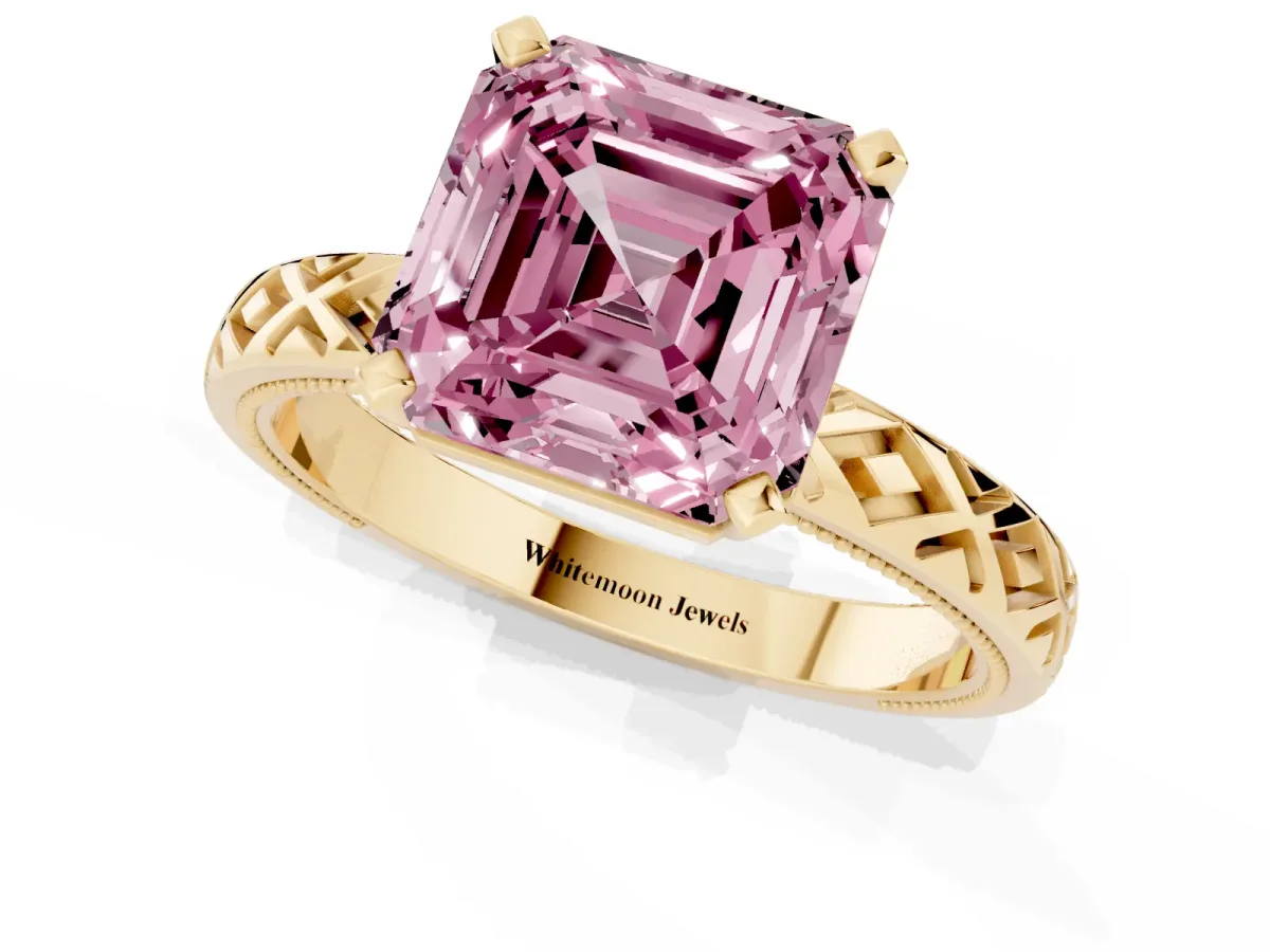 Fancy Pink Asscher Cut Solitaire Diamond Ring with Milgrain and Black Enamel X Pattern Band Yellow gold