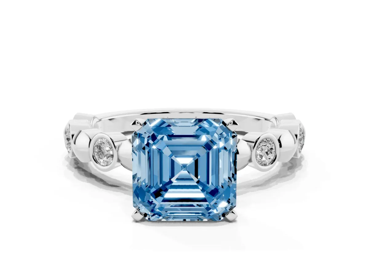 Fancy Blue Asscher Cut Solitaire Bezel-Set Diamond Ring with Beaded Band and Four-Prong Setting Silver